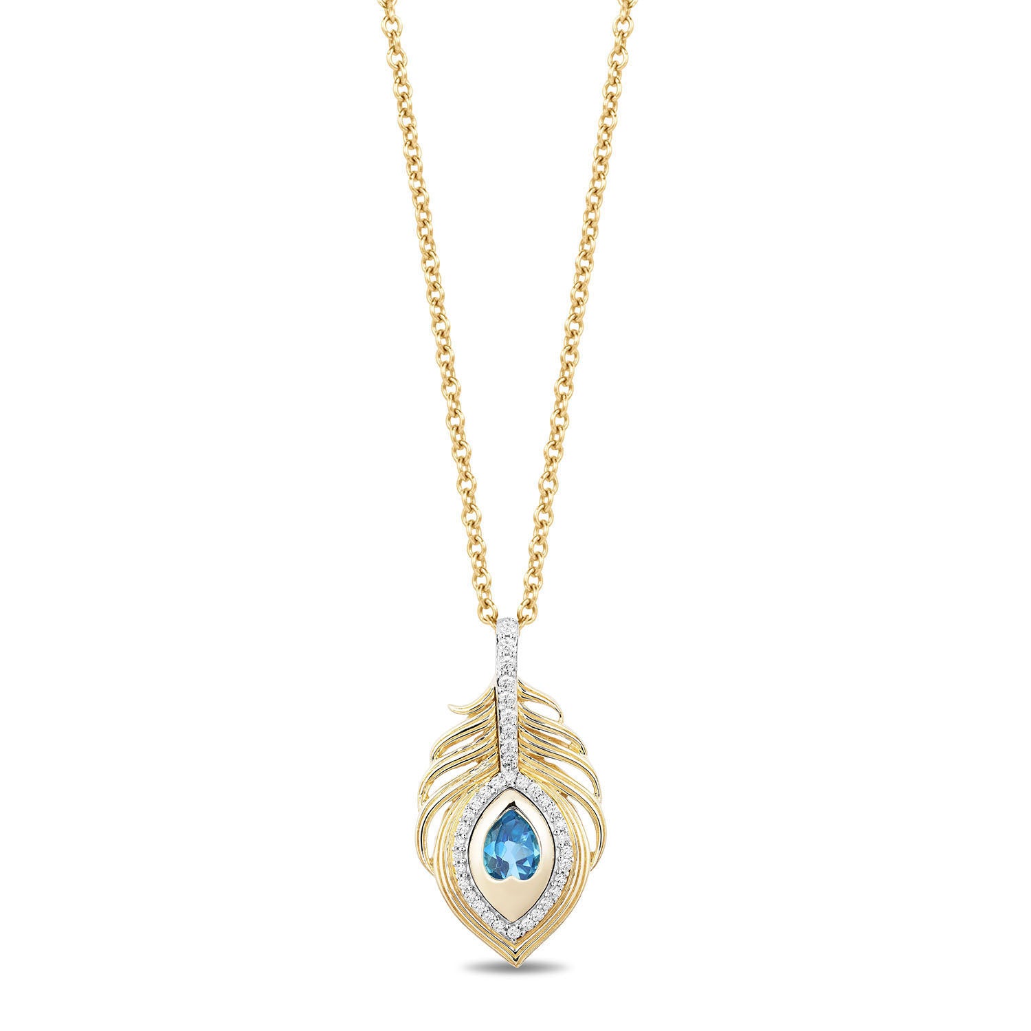 Disney Jasmine Inspired Diamonds and Swiss Blue Topaz Peacock Feather Necklace Pendant in Sterling Silver 1/8 CTTW View 1