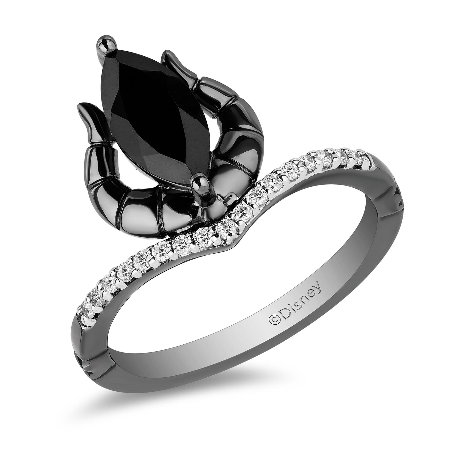 Enchanted Disney Fine Jewelry Black Rhodium Over Sterling Silver with 1/10 CTTW Diamond and Onyx Maleficent Ring