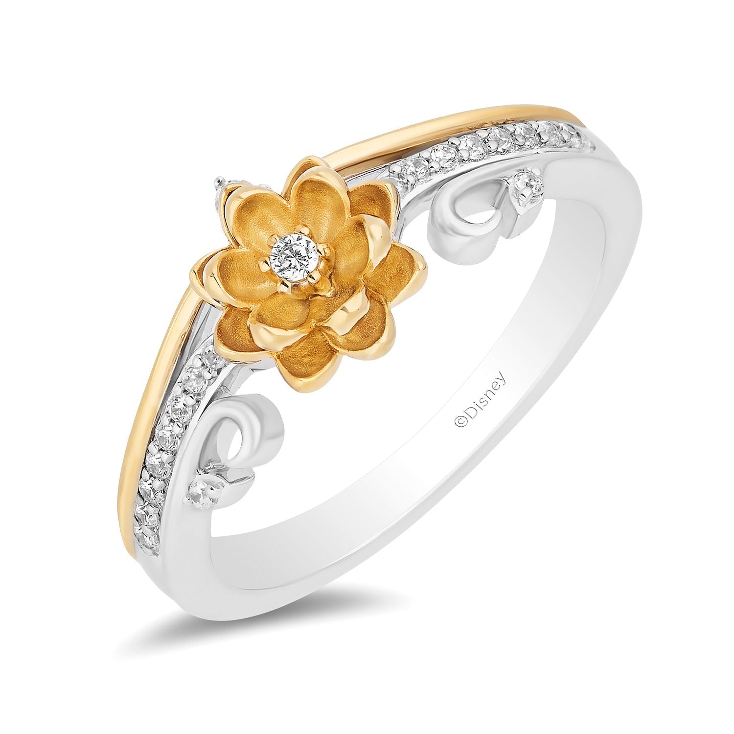 Disney Tiana Inspired Diamond Flower Ring in Sterling Silver and 10K Yellow Gold 1 8 CTTW Enchanted Disney Fine Jewelry