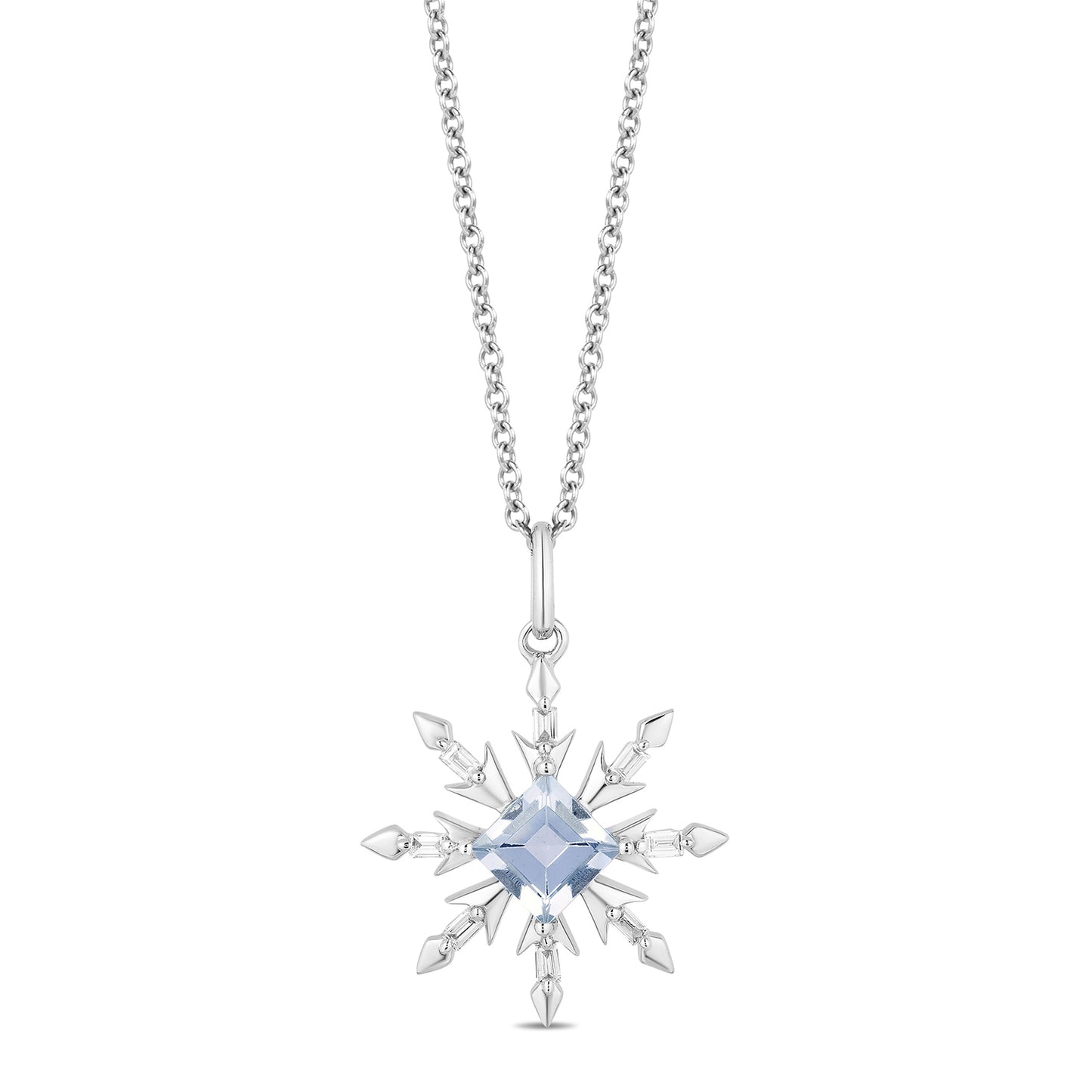Enchanted Disney Fine Jewelry Sterling Silver with 1/10 CTTW Diamond and Aquamarine Elsa Snowflake Pendant Necklace