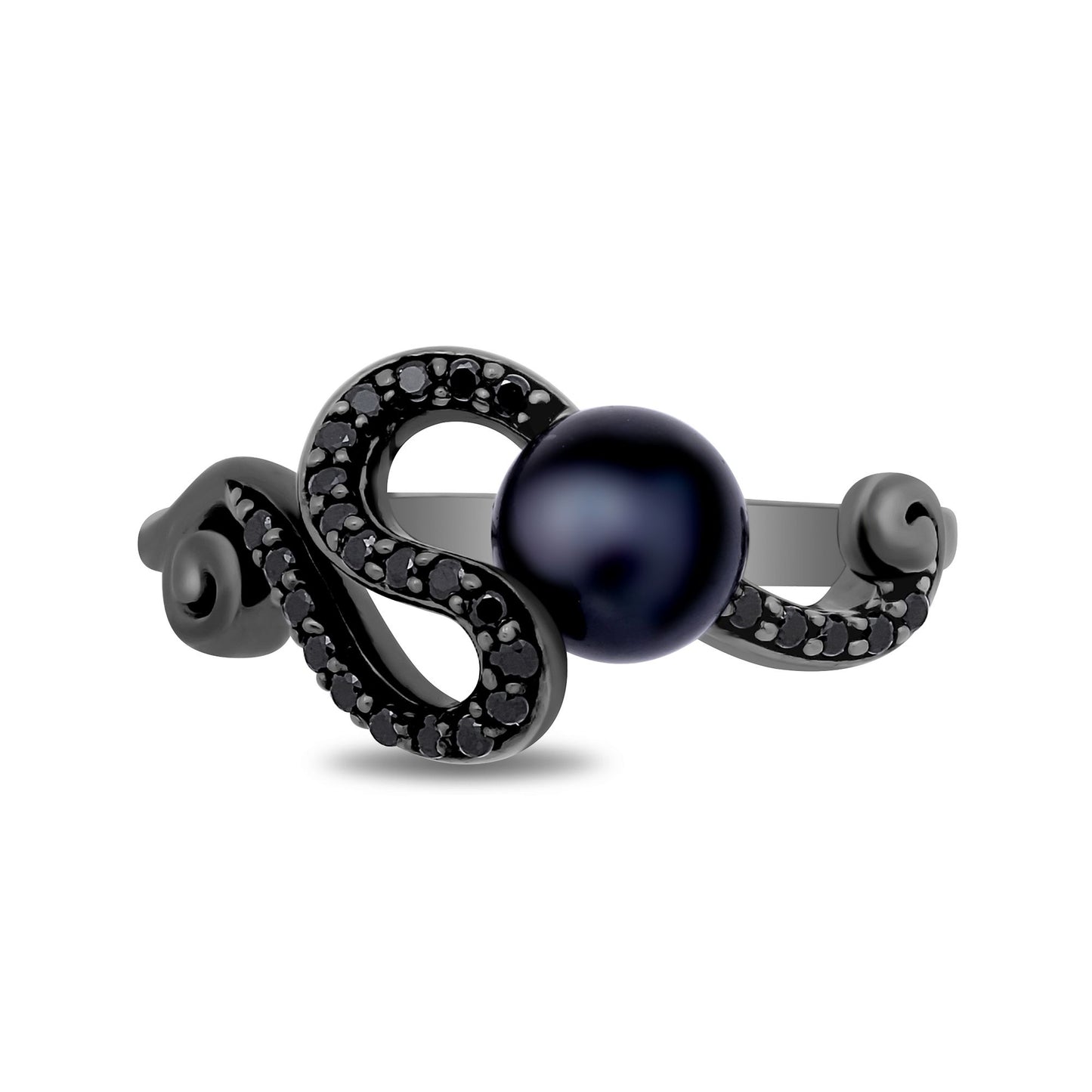 Enchanted Disney Fine Jewelry Black Rhodium over Sterling Silver with 1/5 CTTW Black Diamonds and Round Pearl Ursula Ring