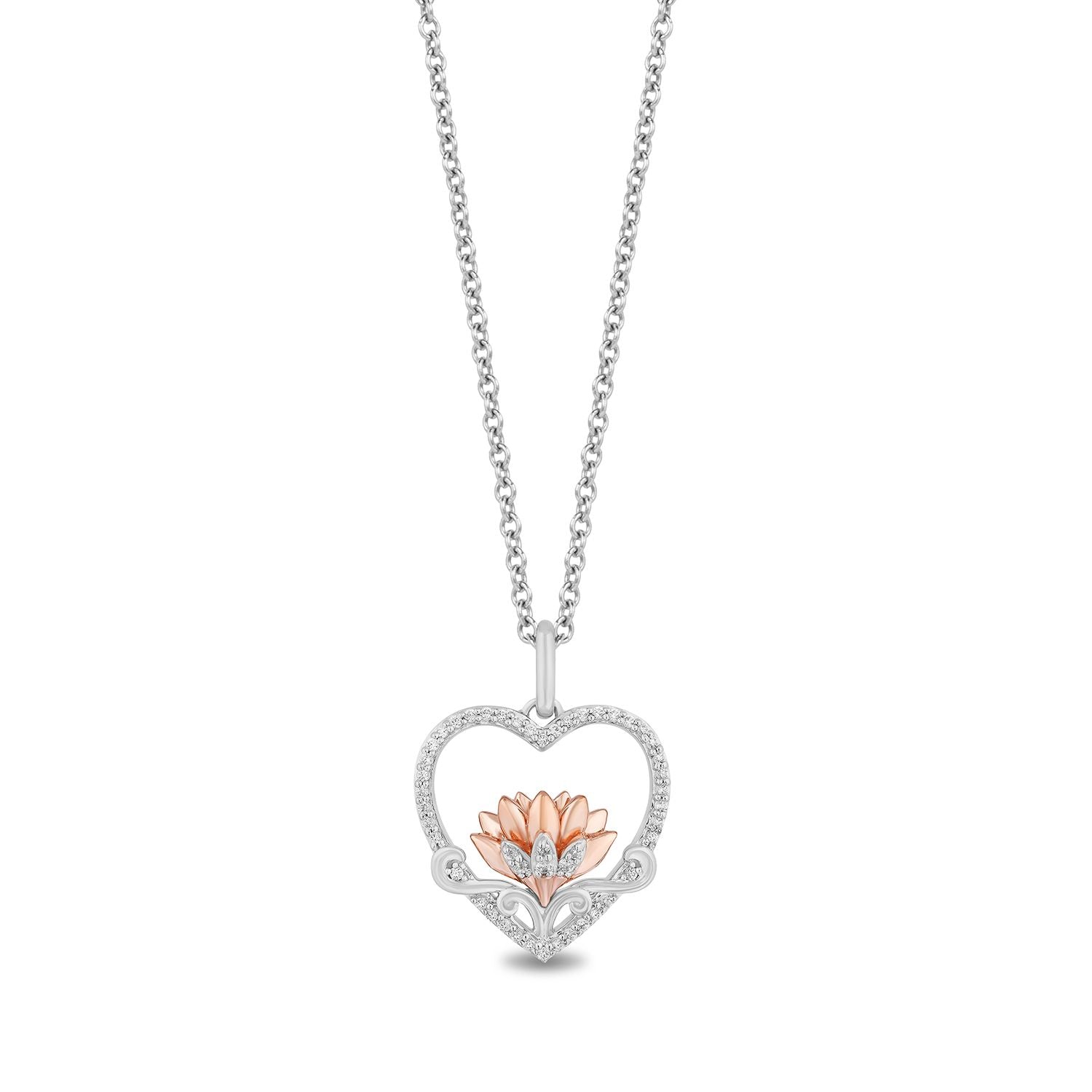 Disney Jasmine Inspired Diamond Lotus in Heart Necklace Pendant in 14K Rose Gold over Sterling Silver 1/5 CTTW View 1