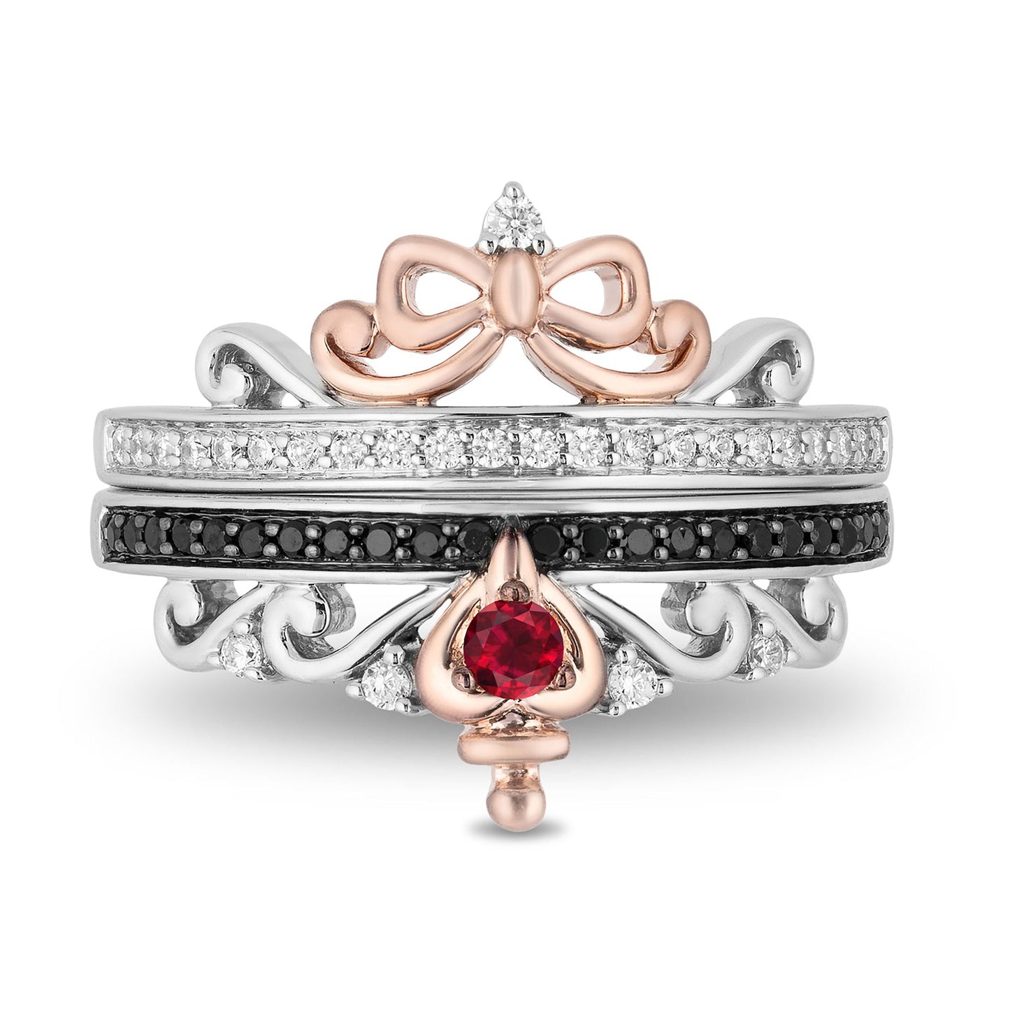 Enchanted Disney Fine Jewelry Sterling Silver and 10K Rose Gold with 1/4 CTTW Diamond and Ruby Snow White and Evil Queen Duo Ring Set