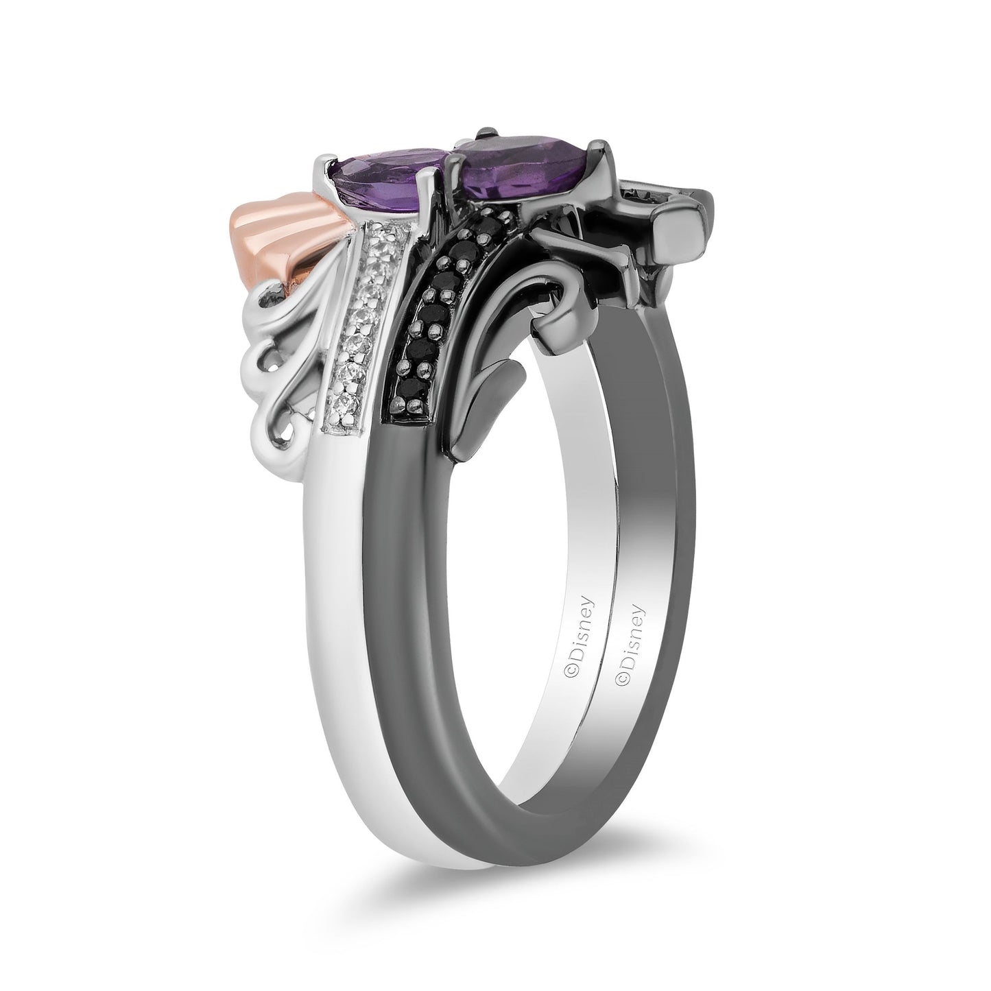 Enchanted Disney Fine Jewelry Black Rhodium and 14K Rose Gold over Sterling Silver With 1/6 CTTW Black and White Diamond and Pear Amethyst Ariel and Ursula Villains Duo Stack Ring